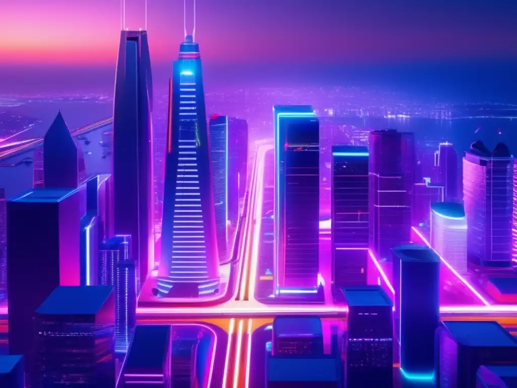 Futurista ciudad nocturna con arquitectura moderna y tecnología avanzada Ciudad futurista nocturna con tecnología avanzada y arquitectura moderna