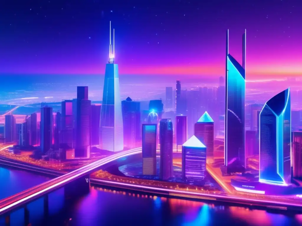 Innovadora ciudad futurista con criptomonedas Ciudad futurista nocturna con tecnología cripto y dinámica descentralizada: Inversiones cripto en la red Kusama