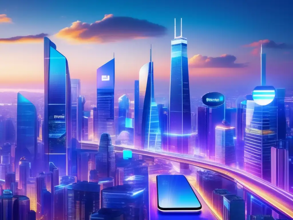 Futuro de pagos móviles en ciudad tech Ciudad futurista: Pagos móviles fintech revolución dinero