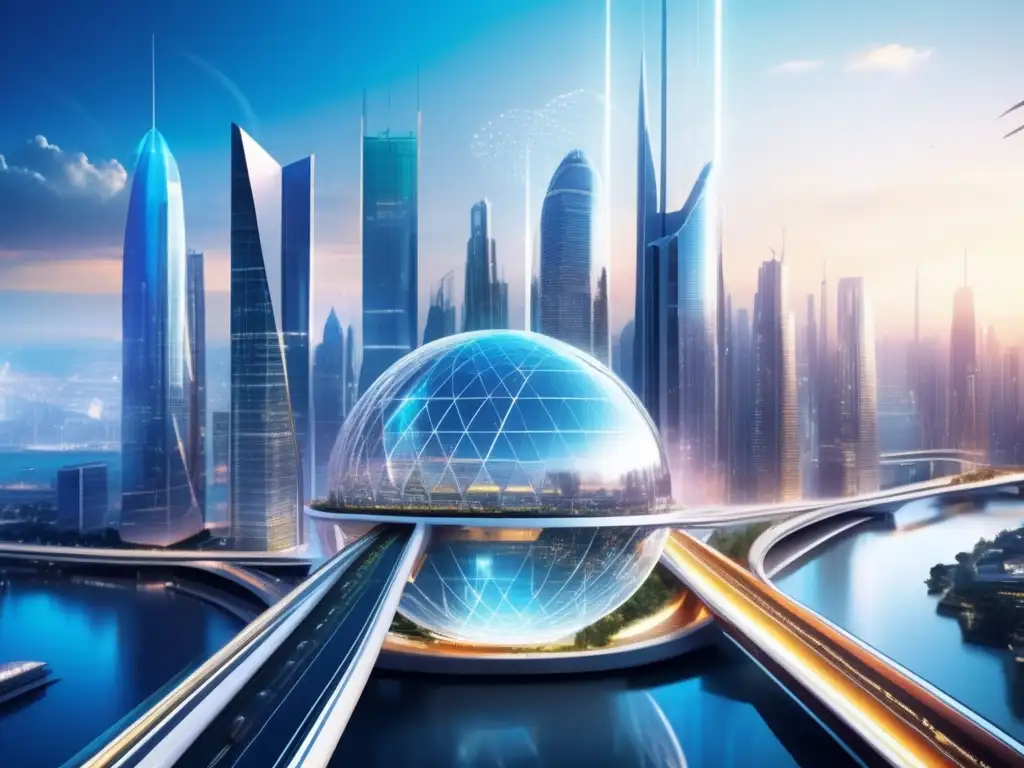 Futurista ciudad con rascacielos y tecnología avanzada Ciudad futurista de la plataforma EOS: tecnología avanzada, eficiencia y escalabilidad