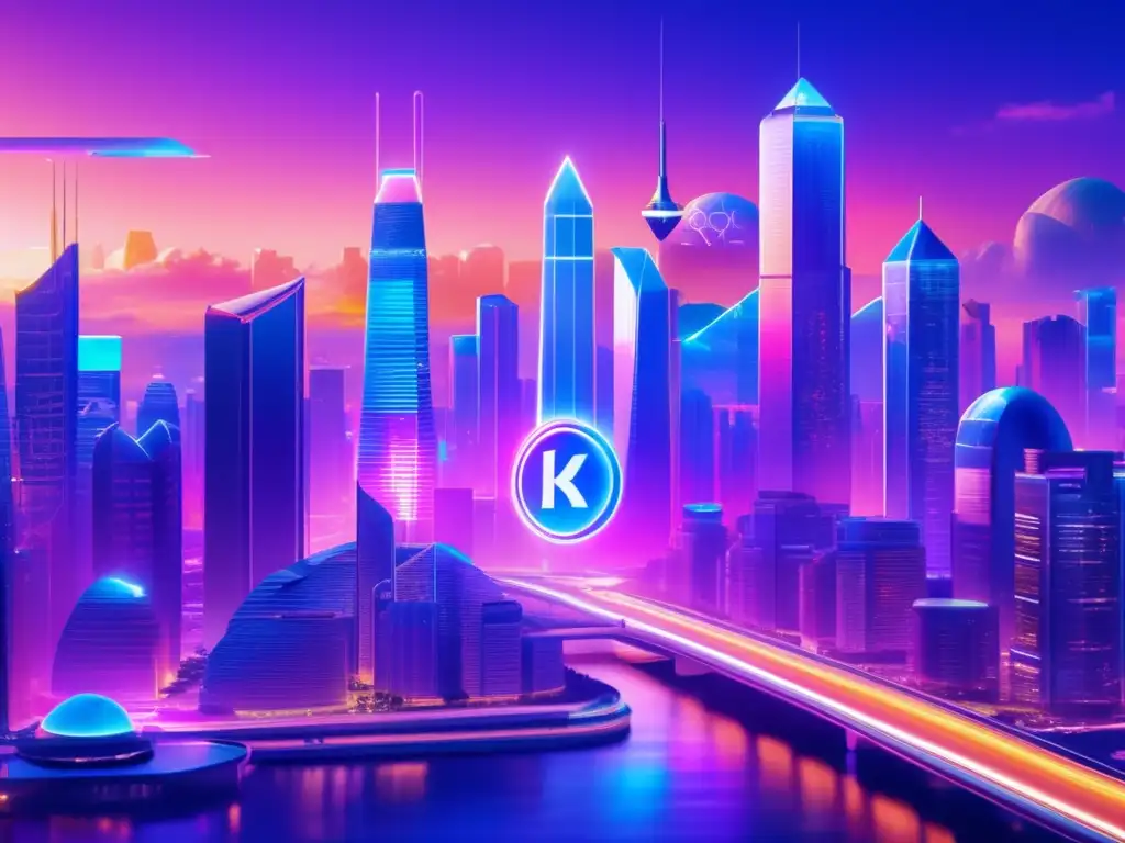 Futuro de las criptomonedas Ciudad futurista al anochecer con rascacielos adornados con hologramas de criptomonedas y gráficos financieros