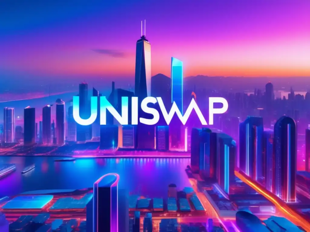 Futurista ciudad con holograma Uniswap Ciudad futurista con rascacielos adornados de luces LED y logo holográfico de Uniswap, destacando el intercambio descentralizado de criptomonedas