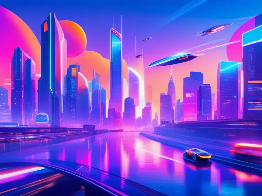 Ciudad futurista, rascacielos holográficos y minería de criptomonedas Ciudad futurista con rascacielos y anuncios holográficos, luz neón y personas en atuendos futuristas