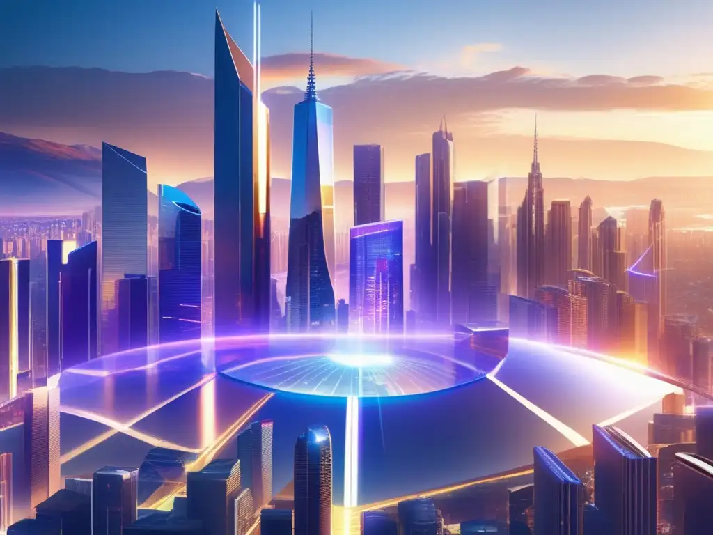 Futurista ciudad dorada con rascacielos y tecnología avanzada Ciudad futurista 8k con rascacielos, arquitectura moderna y hologramas