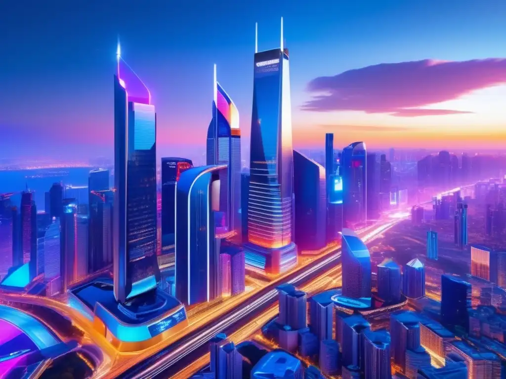 Ciudad futurista iluminada con rascacielos Ciudad futurista con rascacielos, autos autónomos y anuncios financieros
