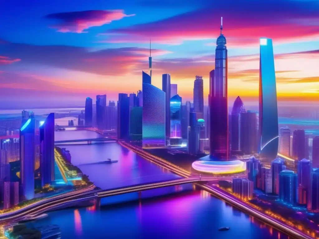 Metrópolis futurista en el atardecer Ciudad futurista con rascacielos y beneficios fiscales para inversores en startups