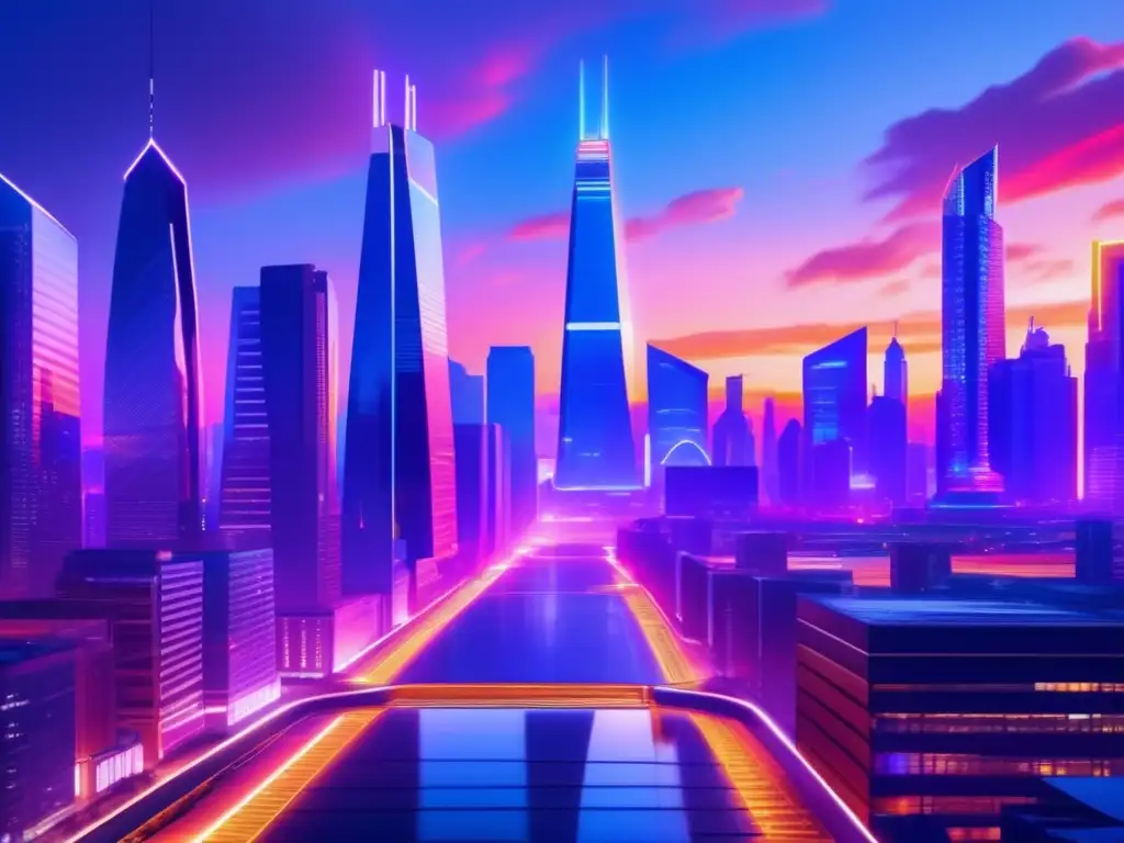 Ciudad futurista con rascacielos y blockchain Ciudad futurista con rascacielos, blockchain y algoritmos de consenso en criptomonedas