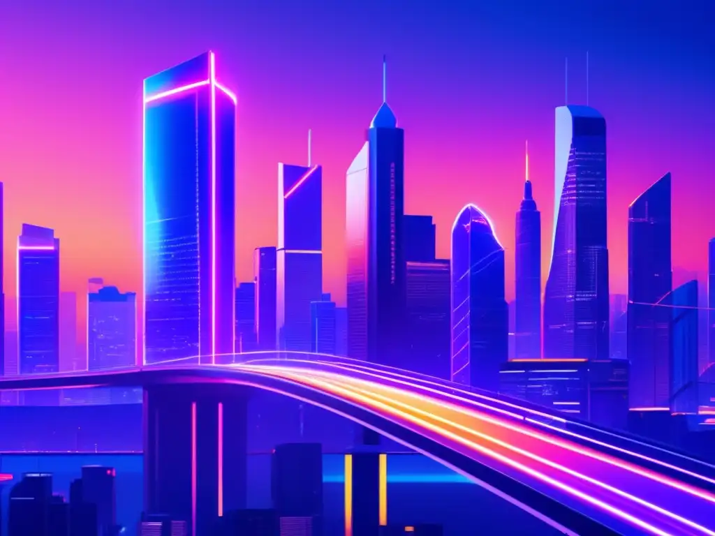 Ciudad futurista con rascacielos y tecnología DeFi Ciudad futurista con rascacielos brillantes y puente de conexión