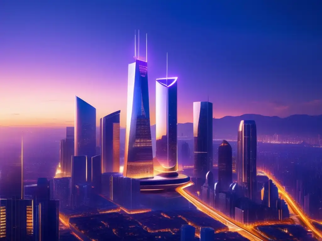 Futuro DeFi en la ciudad Ciudad futurista al anochecer con rascacielos brillantes - Estrategias DeFi mercado cambiante