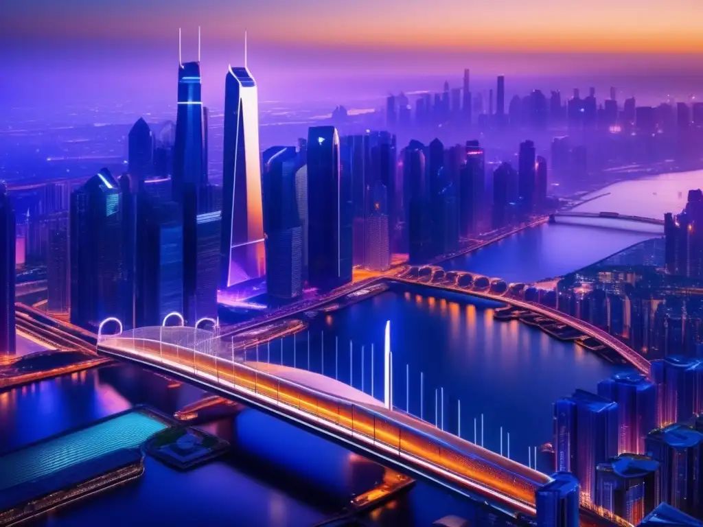 Futurista ciudad con rascacielos y profesionales diversificados Ciudad futurista con rascacielos brillantes y profesionales discutiendo - Inversiones en commodities y planificación fiscal