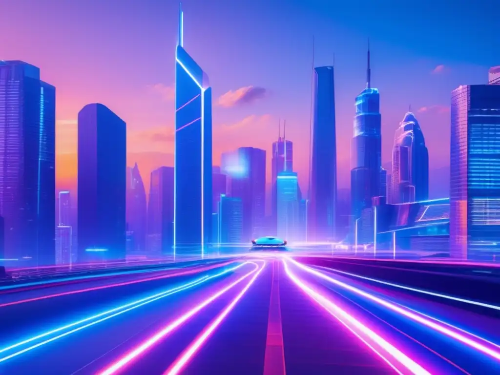 Ciudad futurista: revolución blockchain Ciudad futurista con rascacielos brillantes en luces de neón