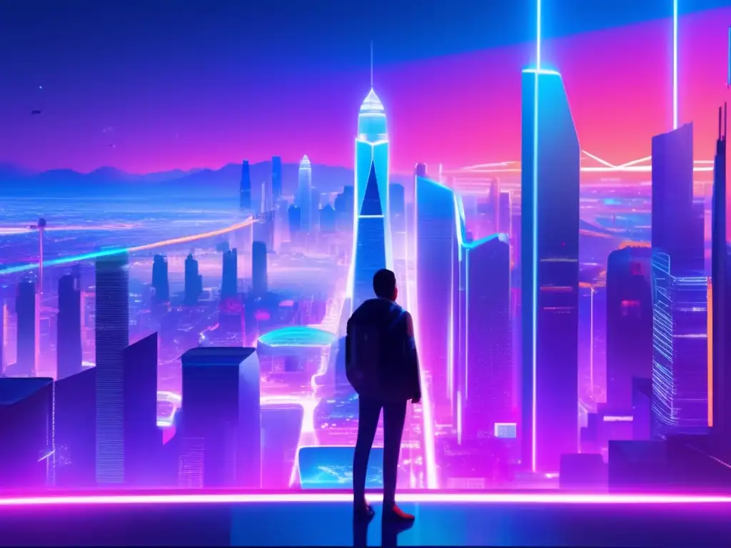 Futurista ciudad con rascacielos y conectividad Ciudad futurista con rascacielos y conectividad transparente, mostrando opciones de inversión en DeFi para construir un portafolio resiliente