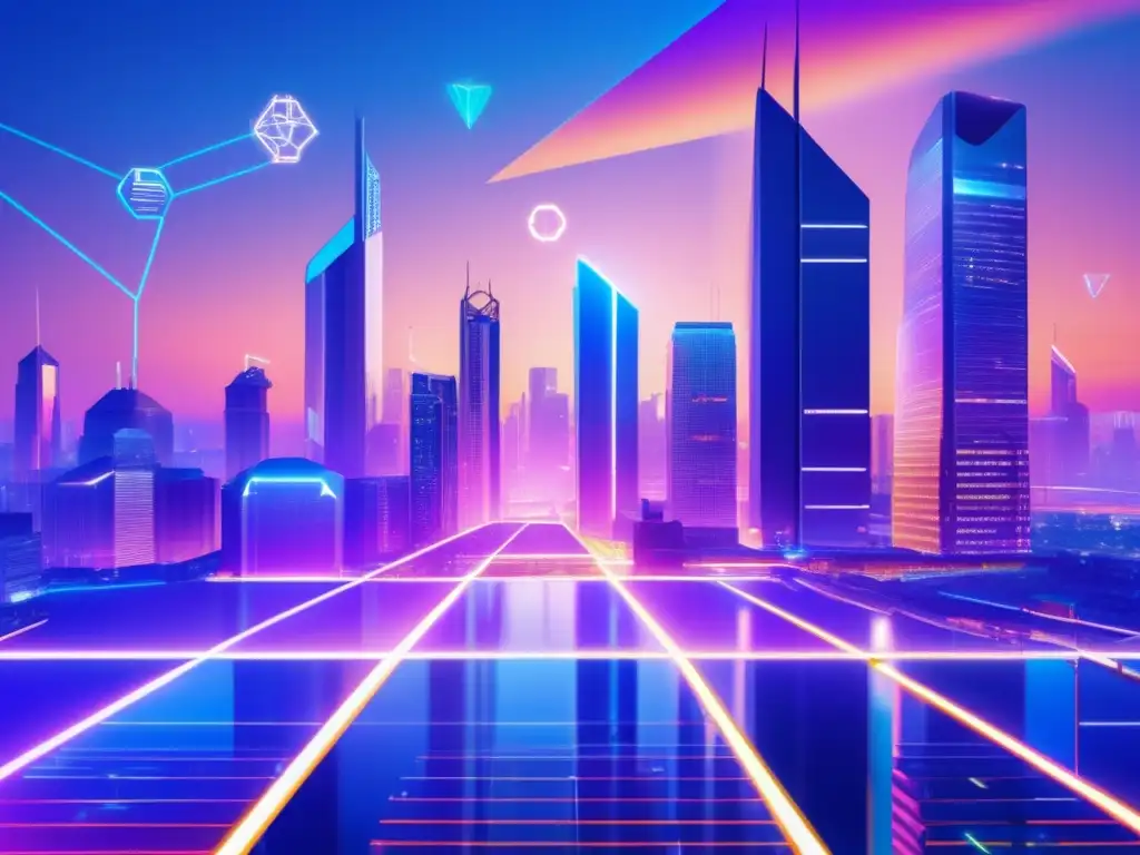 Futurista skyline financiero con tecnología blockchain Ciudad futurista con rascacielos y contratos inteligentes para inversiones