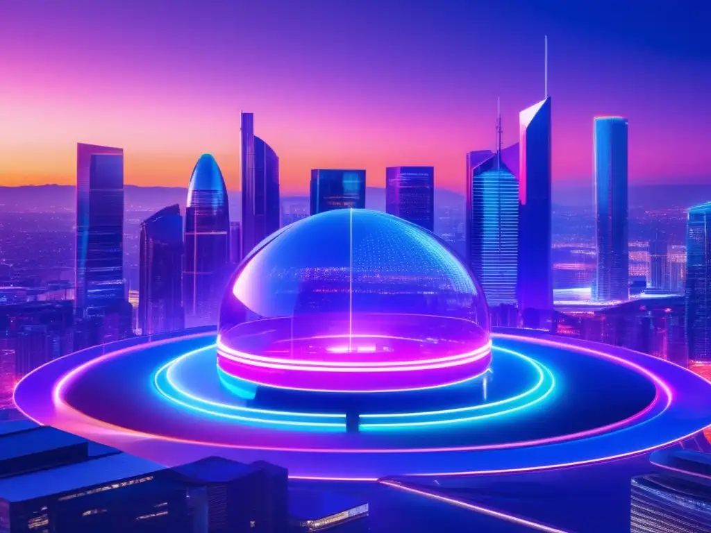 Futuro gobierno criptográfico en ciudad avanzada Ciudad futurista con rascacielos, criptogobierno transparente y redes seguras: Beneficios del staking en criptomonedas