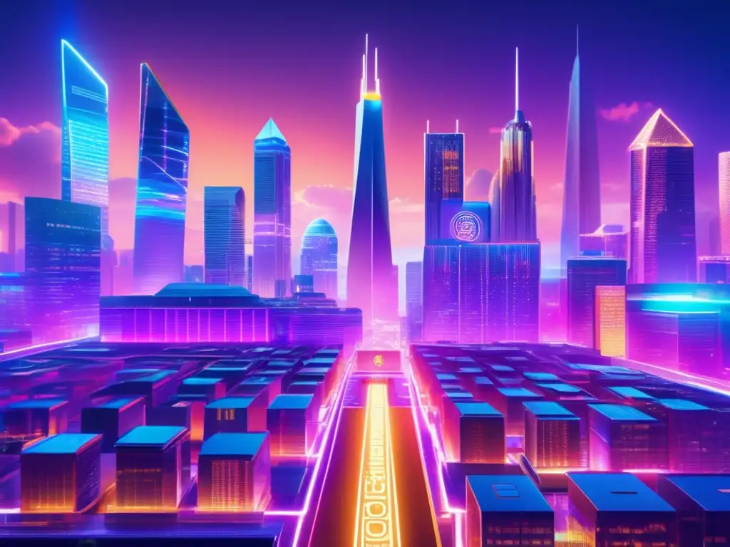 Futurista ciudad cripto: 8k detallada Ciudad futurista con rascacielos criptográficos y personajes clave criptomonedas