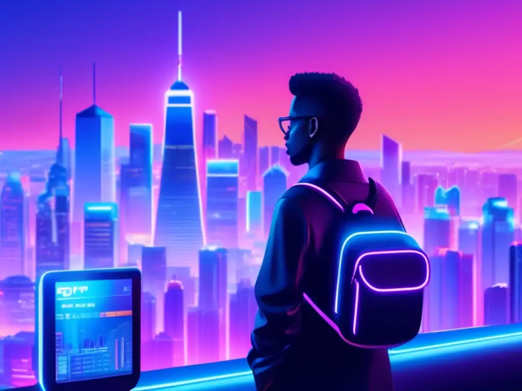 Ciudad futurista iluminada por luces de neón Ciudad futurista con rascacielos y criptomonedas, equilibrando riesgo y recompensa