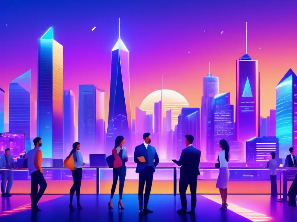 Ciudad futurista con profesionales discutiendo Ciudad futurista con rascacielos, criptomonedas y profesionales discutiendo regulaciones e inversiones