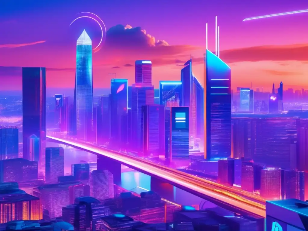 Ciudad futurista y vibrante con criptomonedas y diversidad cultural Ciudad futurista en crepúsculo con rascacielos, criptomonedas y diversidad cultural - Adopción global de criptomonedas