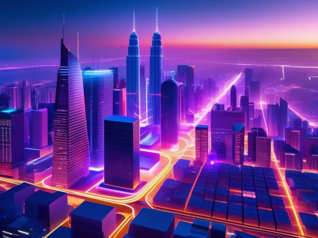 Futuro ciudad cripto-transparencia Ciudad futurista con rascacielos, criptomonedas y transparencia en las transacciones