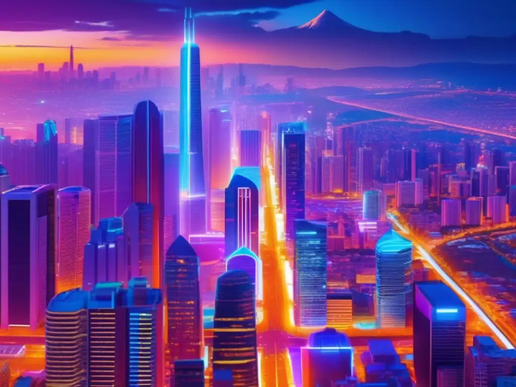 Futurista ciudad cripto Ciudad futurista con rascacielos y criptomonedas en América Latina