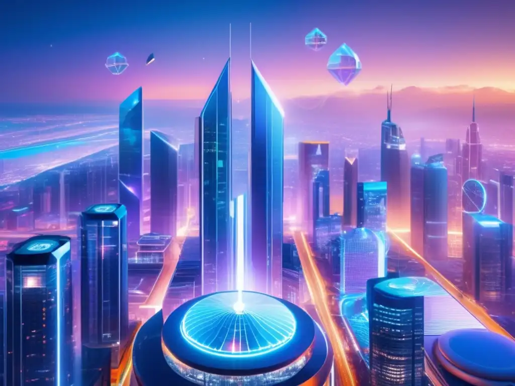 Futuro urbano con criptomonedas Ciudad futurista con rascacielos de cristal y acero, criptomonedas y ventajas de exchanges descentralizados
