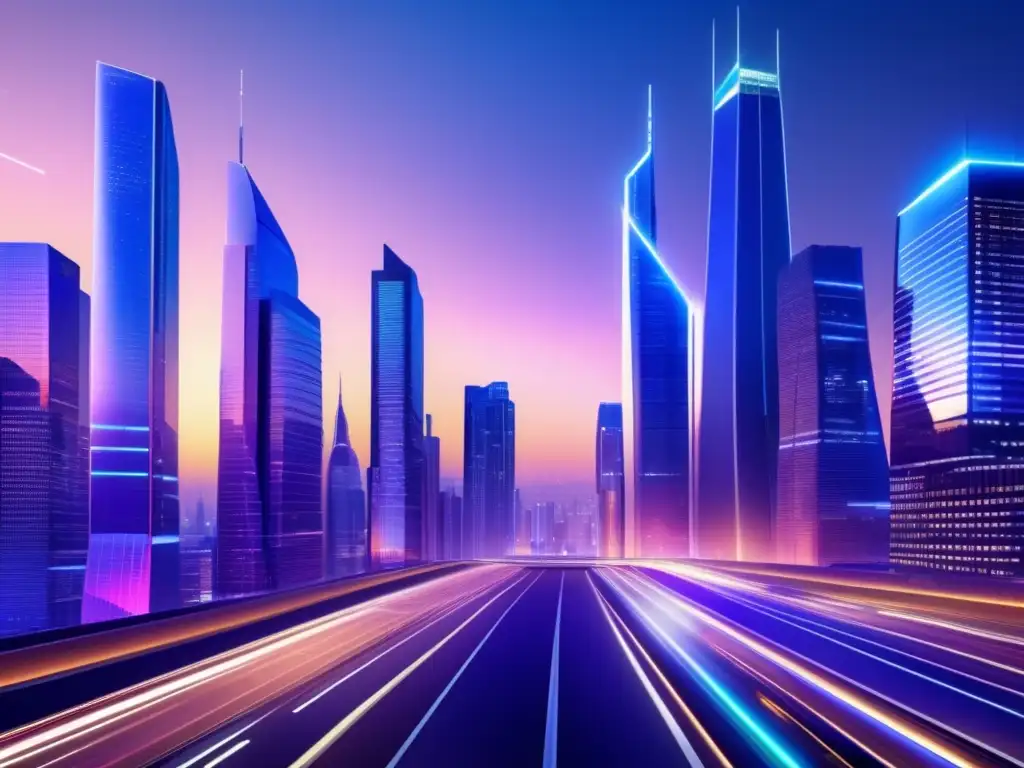 Moderna ciudad futurista al atardecer Ciudad futurista: rascacielos, datos económicos, tecnología, política monetaria