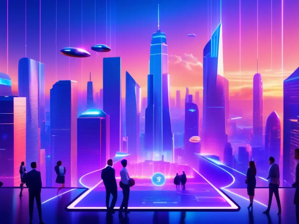 Futuro de DeFi en una ciudad tecnológica Ciudad futurista con rascacielos, DeFi y beneficios en banca tradicional