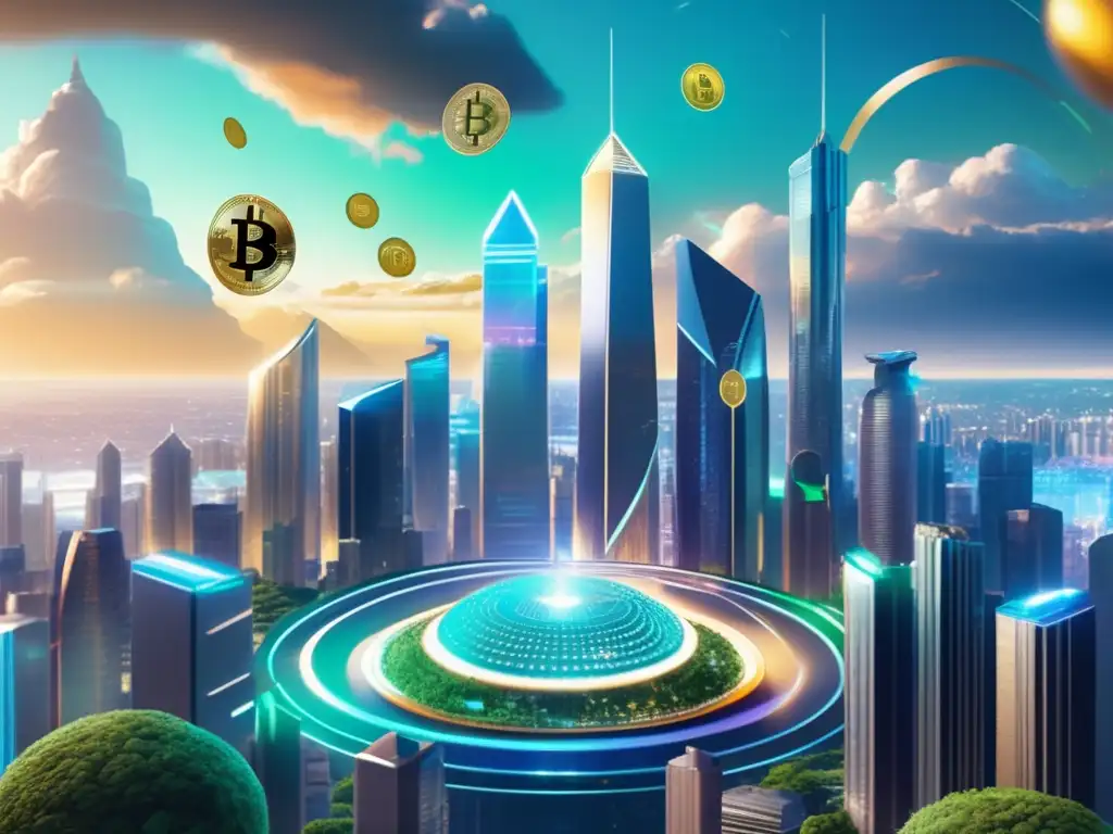 Futurista ciudad con rascacielos dorados y plateados Ciudad futurista con rascacielos dorados y plateados, exhibiendo criptomonedas