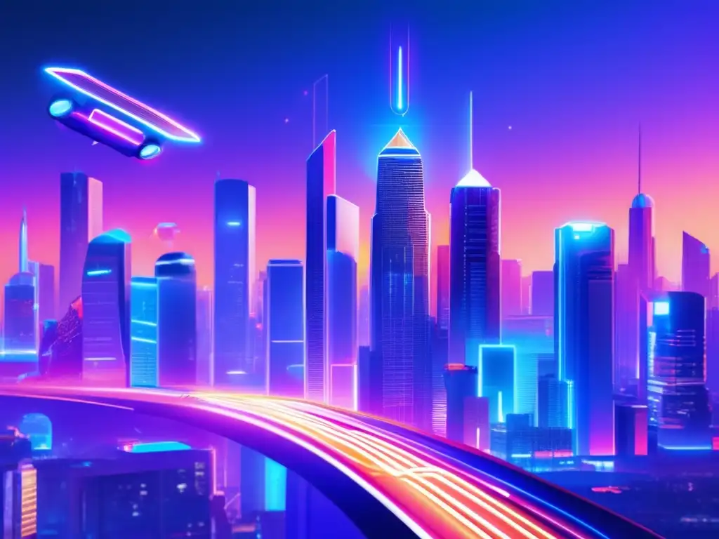 Futuro urbano tecnológico Ciudad futurista con rascacielos y drones: Contratos inteligentes para inversiones