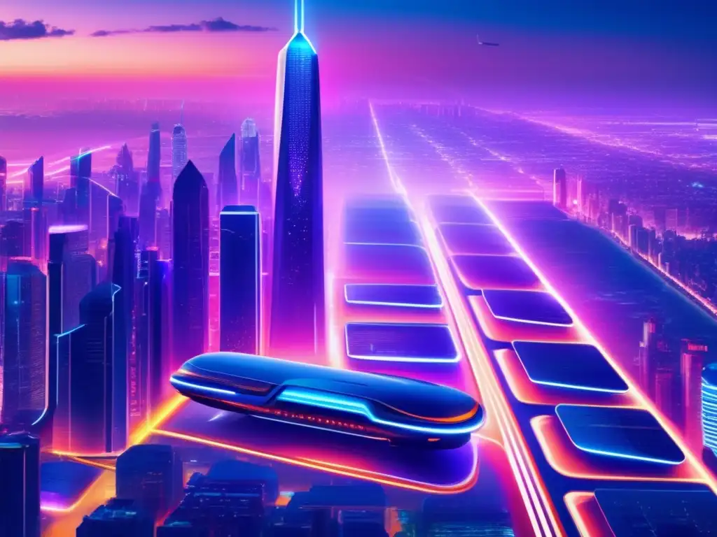 Futurista ciudad tecnológica iluminada por neón Ciudad futurista con rascacielos, edificios de vidrio y luces de neón