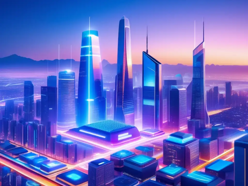 Ciudad futurista con rascacielos y tecnología avanzada Ciudad futurista en crepúsculo con rascacielos elegantes y tecnología avanzada, reflejando la convergencia de Fintech y Ecommerce
