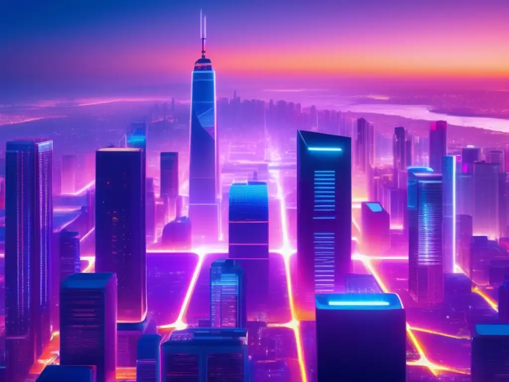 Futurista ciudad digital con rascacielos y luces neon Ciudad futurista con rascacielos y fachadas de vidrio, iluminada por luces de neón