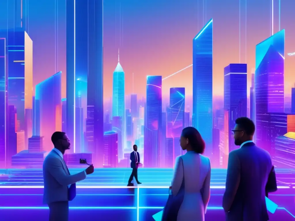 Futurista ciudad con rascacielos, gráficos financieros y colaboración Ciudad futurista al anochecer con rascacielos, gráficos financieros y personas en discusión