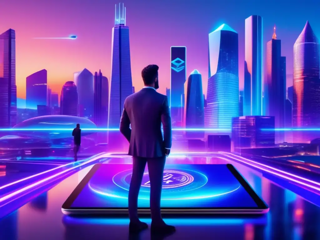 Futuro ciudad con criptomonedas Ciudad futurista con rascacielos holográficos y criptomonedas: Leyes AntiLavado y Criptomonedas