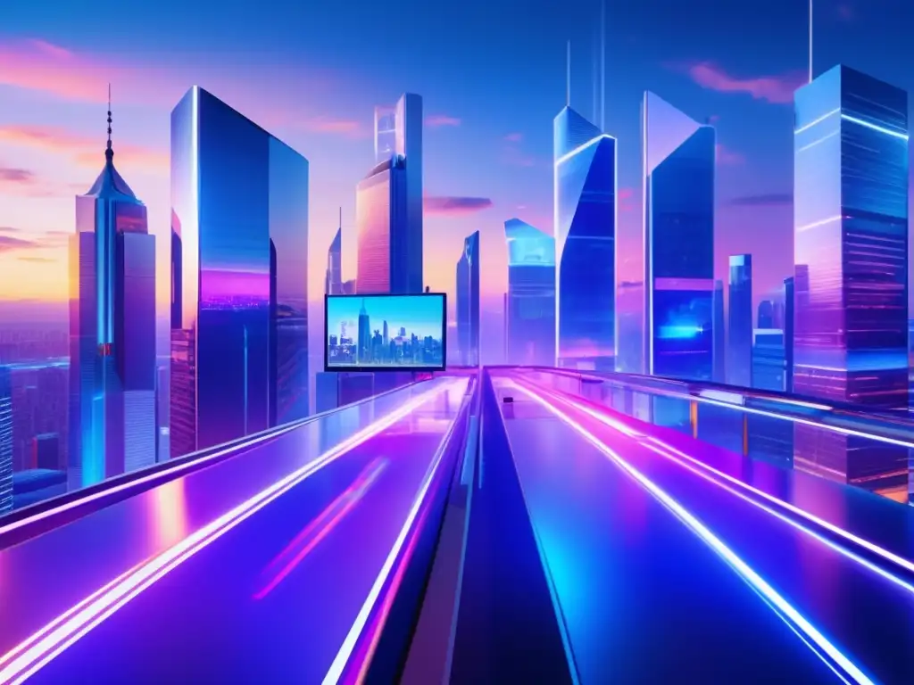 Futurista ciudad con rascacielos, tecnología y análisis financiero Ciudad futurista con rascacielos, hologramas y personas analizando estrategias de inversión
