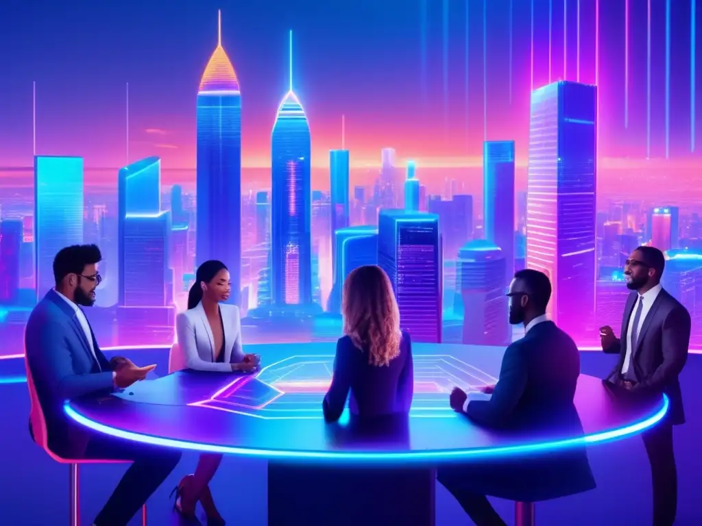 Futurista discusión empresarial en ciudad tecnológica Ciudad futurista al anochecer con rascacielos iluminados por luces neón y personas debatiendo en mesa holográfica sobre staking financiero