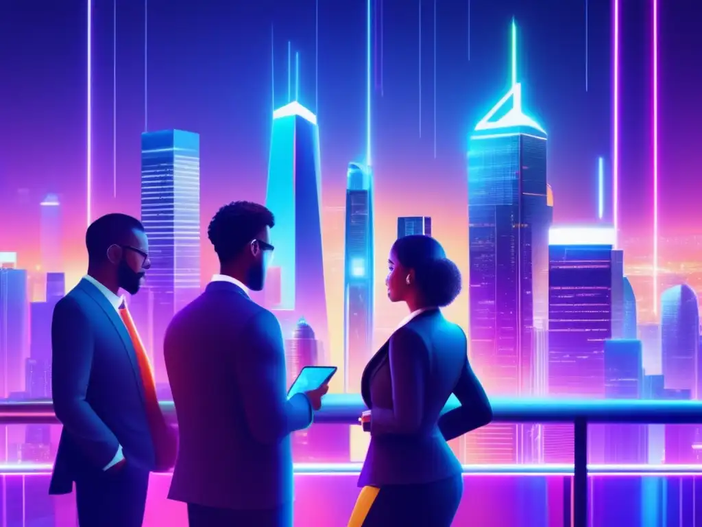 Futuro de las inversiones seguras con smart contracts Ciudad futurista con rascacielos iluminados por luces de neón, contratos inteligentes y seguridad de inversiones