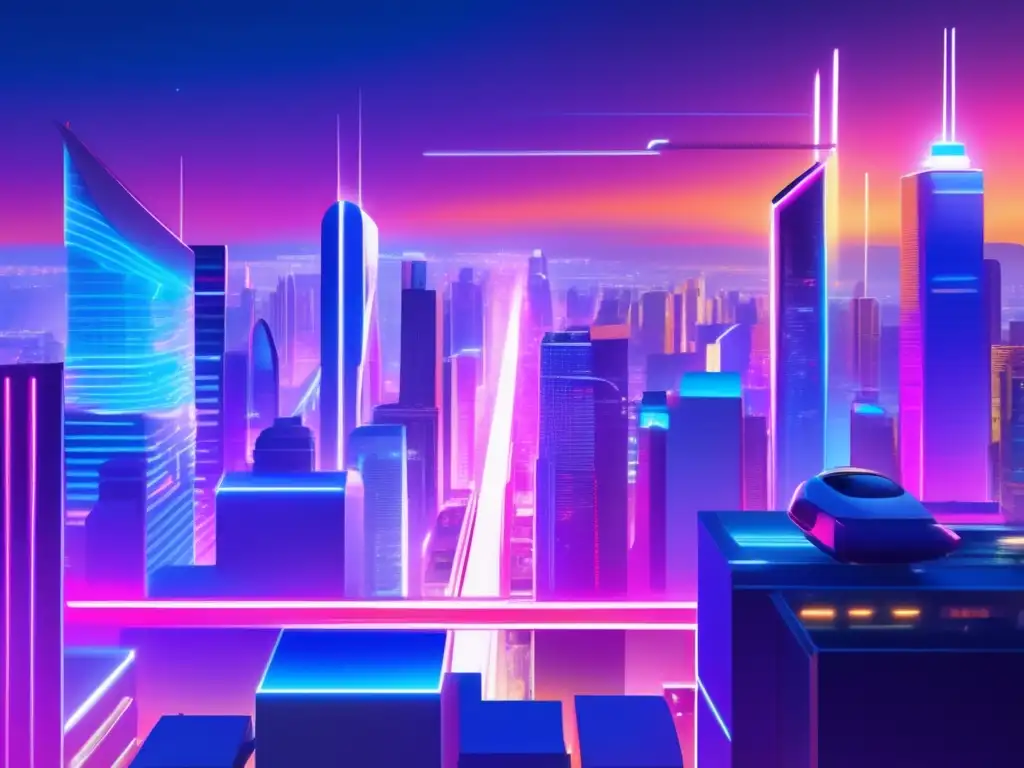 Ciudad futurista llena de rascacielos iluminados Ciudad futurista con rascacielos iluminados por luces de neón reflejando progreso e innovación