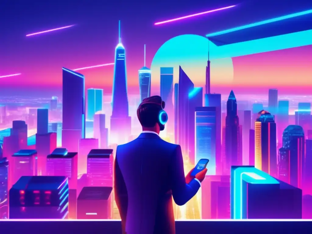 Futuro digital: Altcoins y la inversión inteligente Ciudad futurista con rascacielos iluminados por luces neón, donde alguien sostiene un smartphone, resaltando Altcoins como inversión inteligente