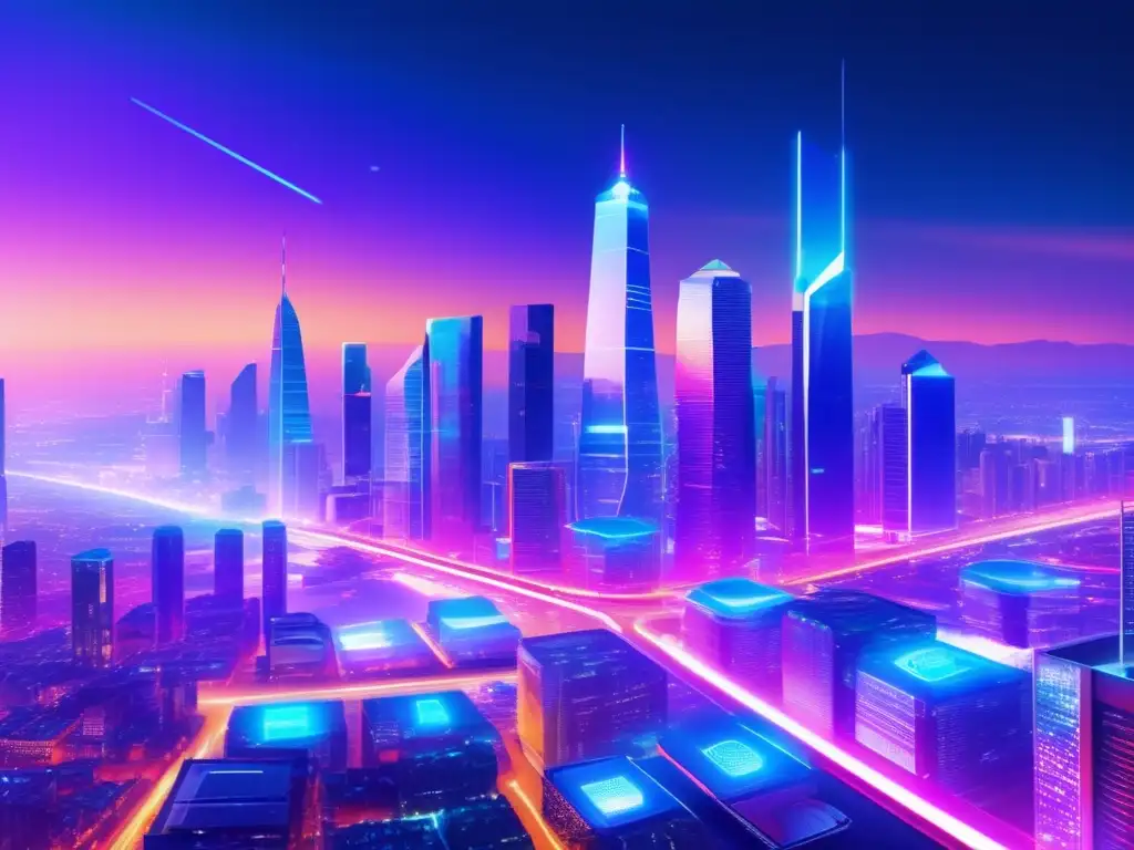 Ciudad futurista llena de tecnología avan Ciudad futurista con rascacielos iluminados en colores vibrantes, simbolizando los beneficios de la tokenización de activos