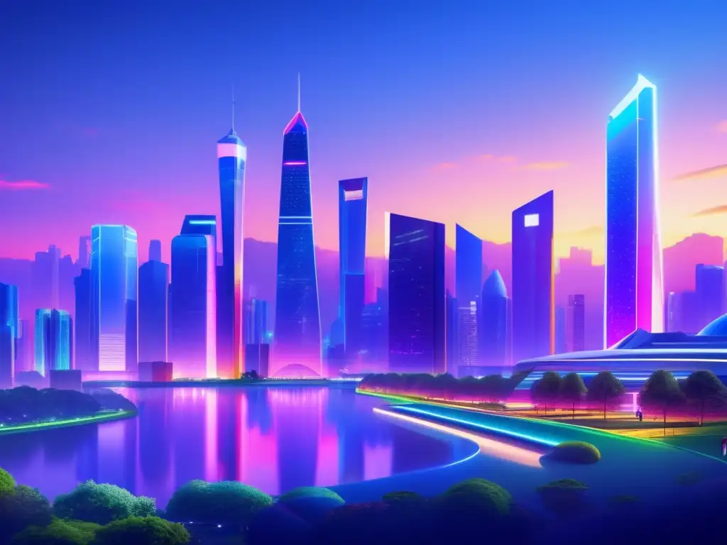 Ciudad futurista: arquitectura innovadora y profesionales discutiendo Ciudad futurista con rascacielos iluminados, arquitectura vanguardista y profesionales discutiendo decisiones de inversión