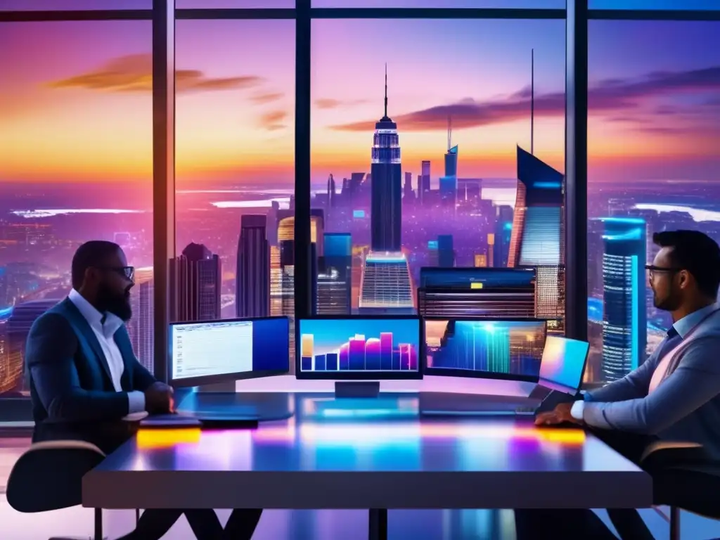Ciudad moderna al atardecer: skyline, profesionales y análisis Ciudad futurista con rascacielos iluminados - Beneficios de invertir a largo plazo