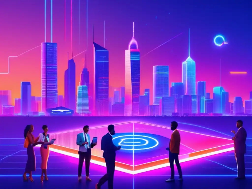 Ciudad futurista con rascacielos iluminados y personas discutiendo criptomonedas Ciudad futurista con rascacielos iluminados por luces de neón, rodeada de una red digital brillante