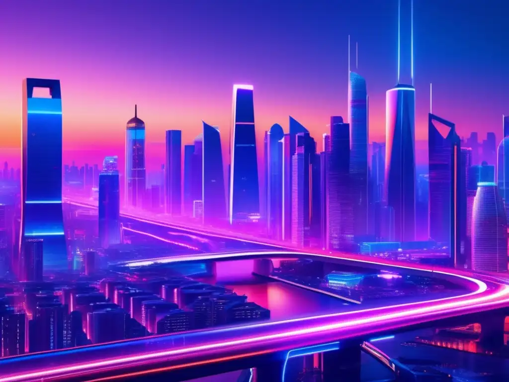 Futurista ciudad con rascacielos y luces neón Ciudad futurista al anochecer con rascacielos iluminados por luces neón