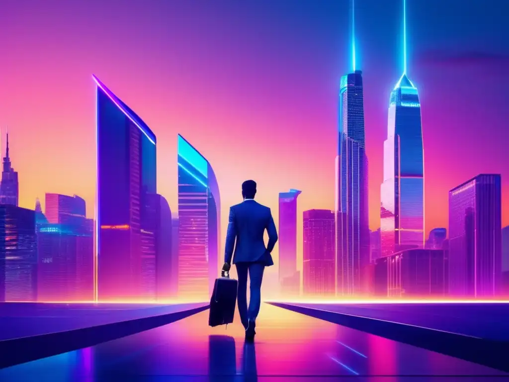 Ciudad futurista con empresario exitoso Ciudad futurista con rascacielos iluminados por neón, muestra a emprendedor con traje y maletín