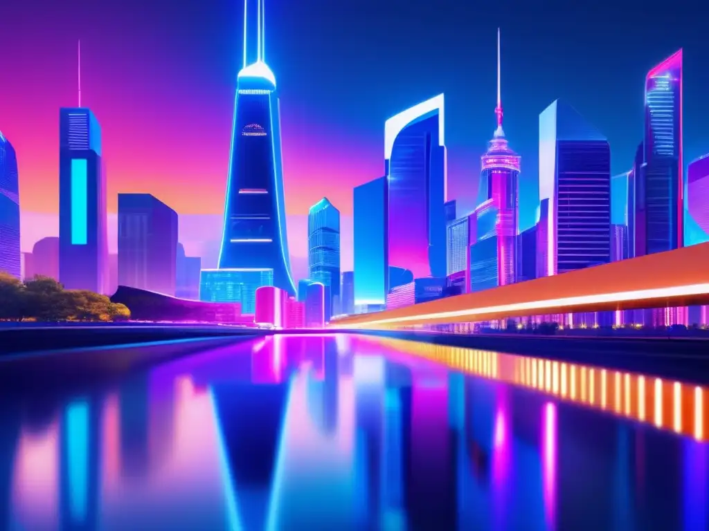 Futurista ciudad financiera con luces neón Una ciudad futurista con rascacielos iluminados por luces neón muestra el potencial de ganancias y oportunidades de inversión
