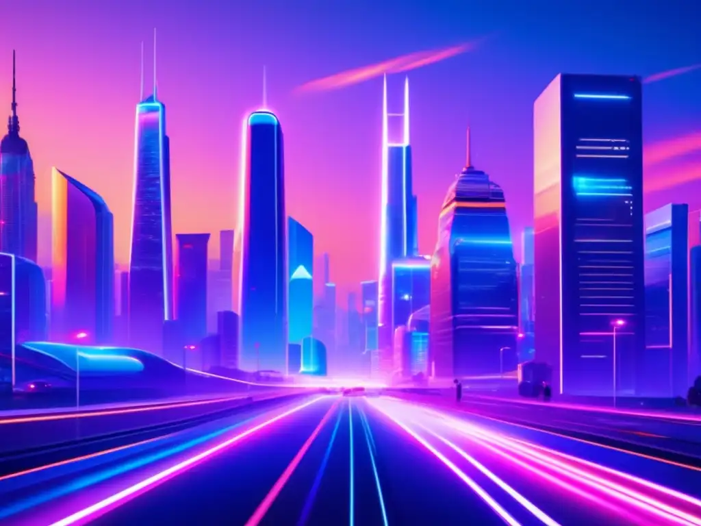 Futurista ciudad nocturna con rascacielos y tecnología avanzada Ciudad futurista al anochecer con rascacielos iluminados por luces neón, vehículos autónomos y hologramas