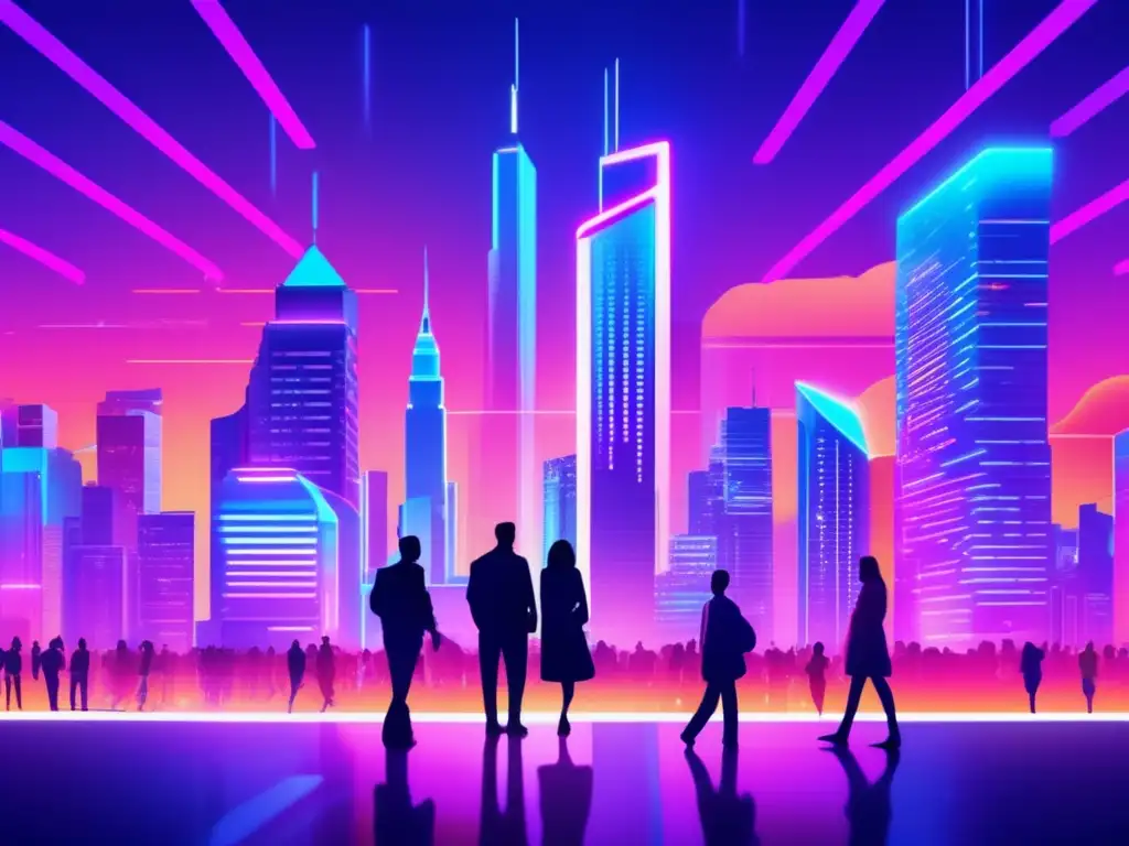 Futuro urbano con rascacielos iluminados Ciudad futurista con rascacielos iluminados por luces de neón, simbolizando el sesgo de confirmación en inversiones