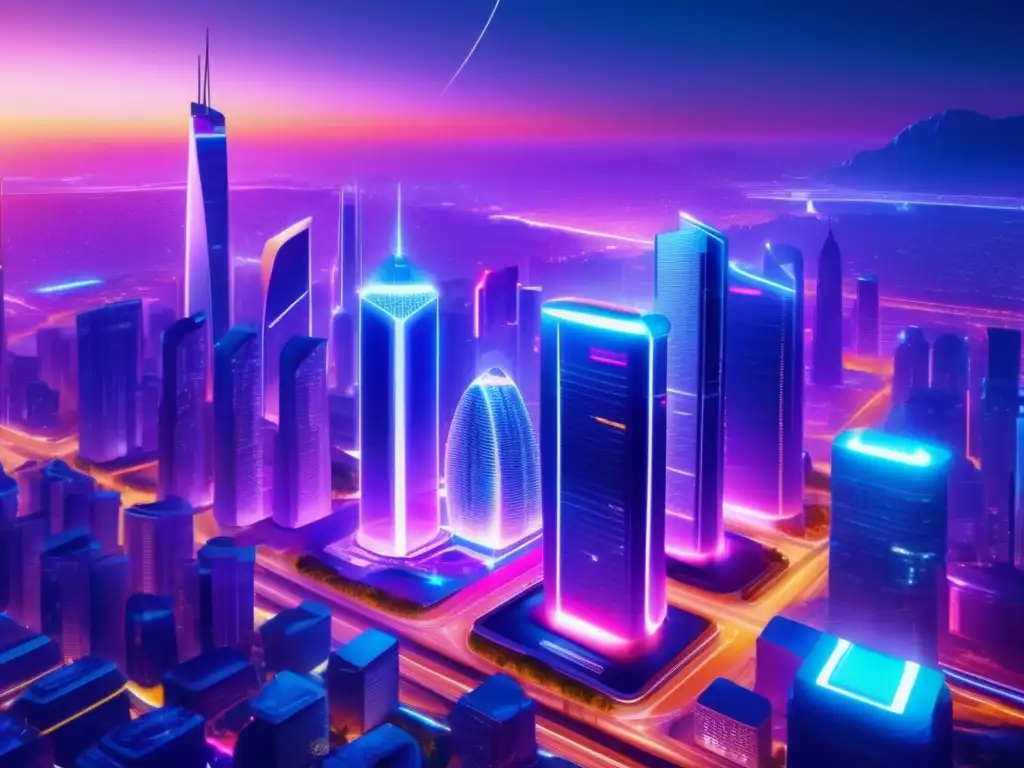 Ciudad futurista con rascacielos iluminados Ciudad futurista con rascacielos iluminados y tecnología avanzada