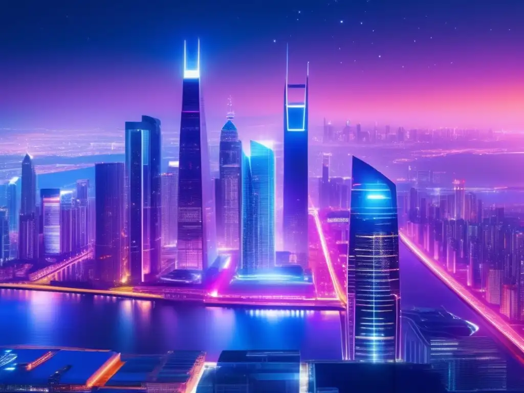 Futurista ciudad nocturna con rascacielos iluminados Ciudad futurista con rascacielos iluminados y vibrantes luces de neón
